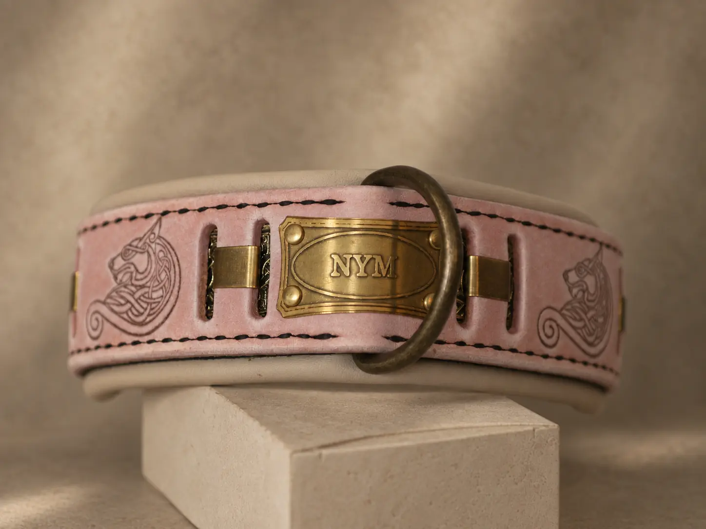 Pink leather dog collar with brass nameplate and golden embossing by SAURI