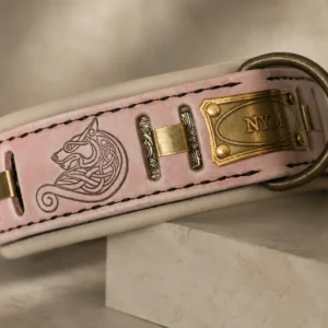 Pink leather dog collar with engraved brass nameplate by SAURI
