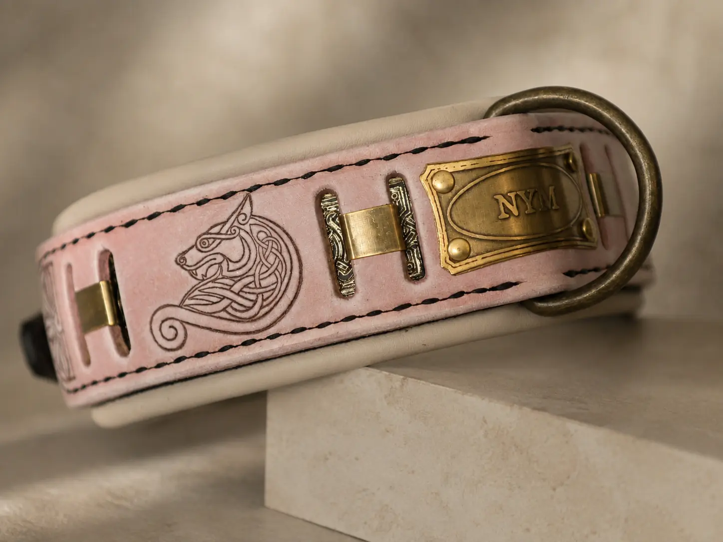 Pink leather dog collar with engraved brass nameplate by SAURI