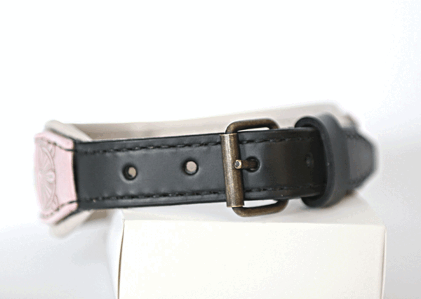 Pink leather dog collar with name by SAURI